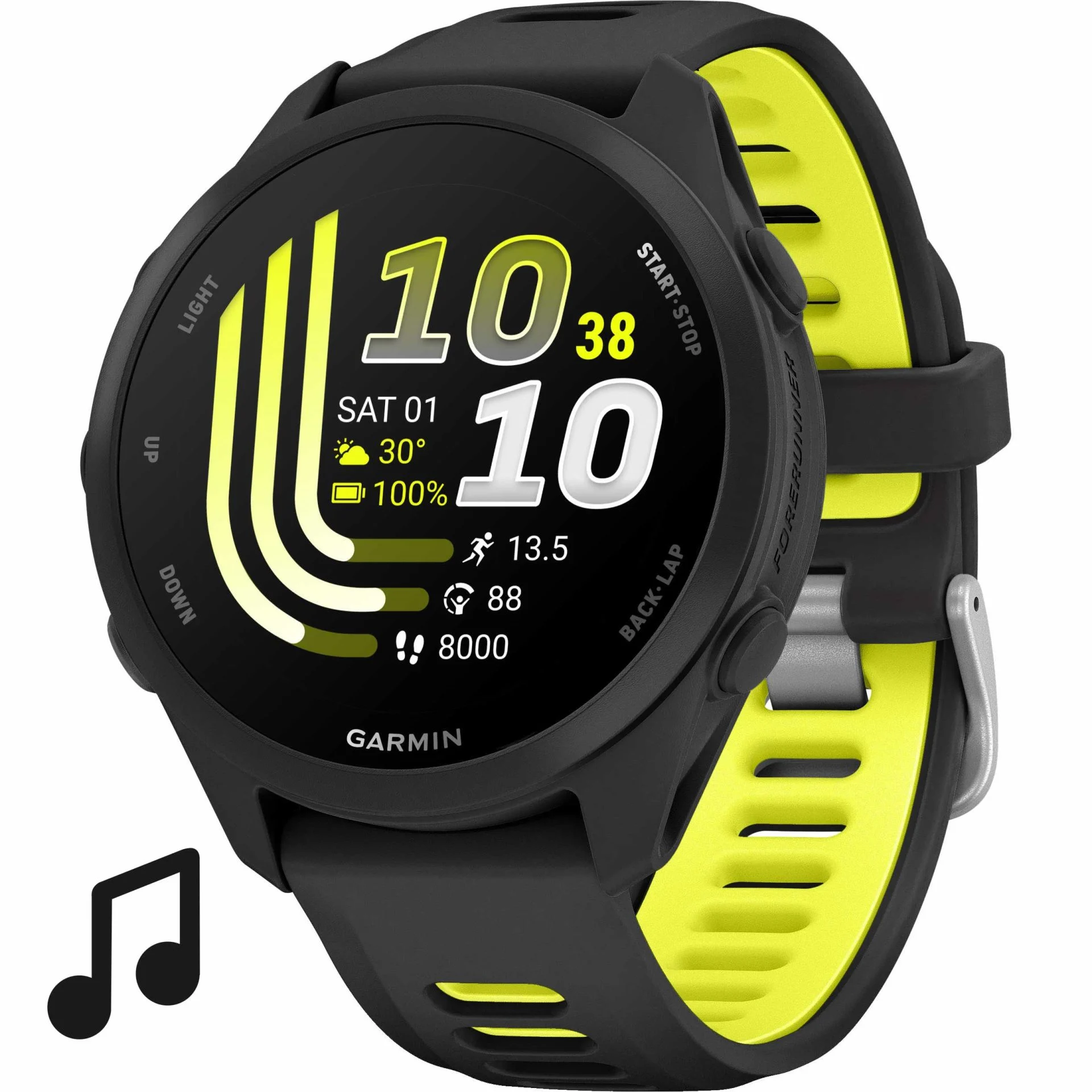 Garmin Forerunner 170 Music Schwarz – GPS-Laufuhr mit Musik, AMOLED-Display & 20 mm Quick Release Amp Yellow